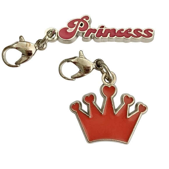 Vintage Disney Princess Crown Clip On Charms Zipper Pull Pink Enamel Signed - Picture 2 of 5